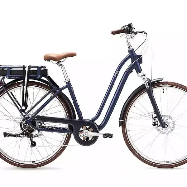 Vélo électrique Velo de Ville ELOPS 900 E avec cadre bas, couleur bleu foncé, idéal pour déplacement.
